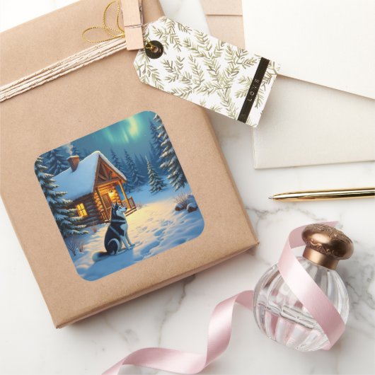 Siberian Husky Snowy Cabin Christmas Painting Vierkante Sticker (Geschenken)
