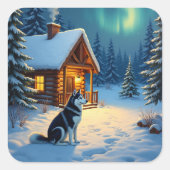 Siberian Husky Snowy Cabin Christmas Painting Vierkante Sticker (Voorkant)