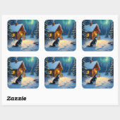 Siberian Husky Snowy Cabin Christmas Painting Vierkante Sticker (Vel)