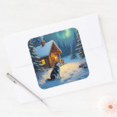 Siberian Husky Snowy Cabin Christmas Painting Vierkante Sticker (Envelop)
