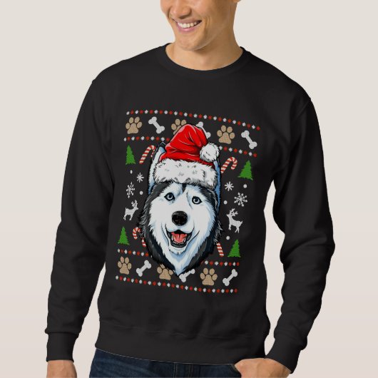 Siberian Husky Ugly Kersthond Santa Hat Xmas B Trui (Voorkant)