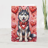 Siberian Husky Valentine Dog Sitting with Hearts Kaart (Voorkant)