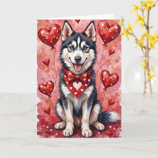 Siberian Husky Valentine Dog Sitting with Hearts Kaart (Gele Bloem)