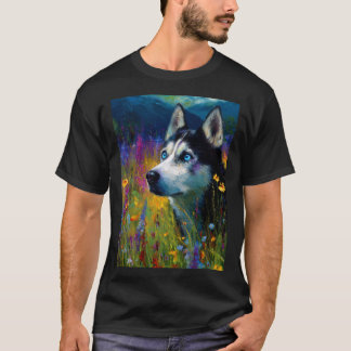 Siberian Husky with wildflowers T-shirt