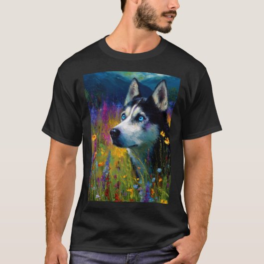 Siberian Husky with wildflowers T-shirt (Voorkant)