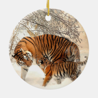 Siberian Tiger moeder en Kitten Keramisch Ornament