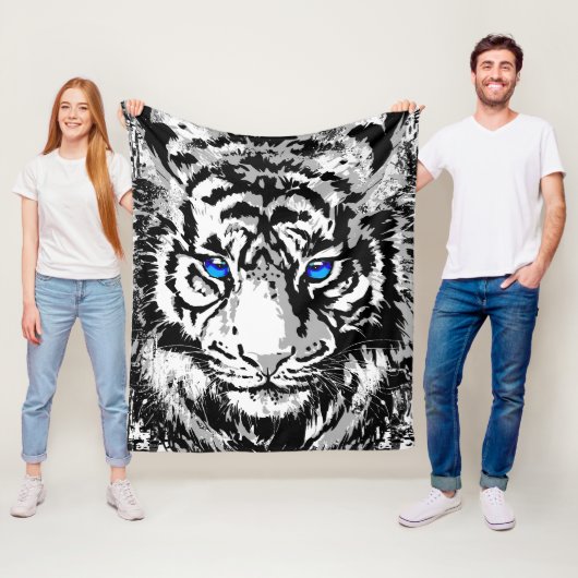 Siberian White Tiger Head - Tiger Blue Eyes Fleece Deken (In situ)