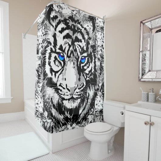 Siberian White Tiger Head - Tiger Blue Eyes Shower Douchegordijn (In situ)