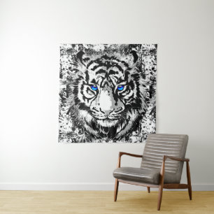 Siberian White Tiger Head - Tiger Blue Eyes Tapest Wandkleed