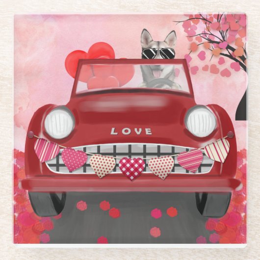 Siberië Husky Driving Car with Hearts Valentijns Glazen Onderzetter (Voorkant)
