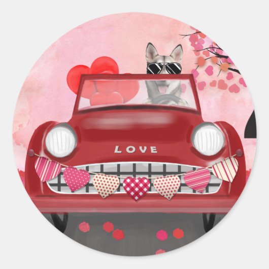 Siberië Husky Driving Car with Hearts Valentijns Ronde Sticker (Voorkant)