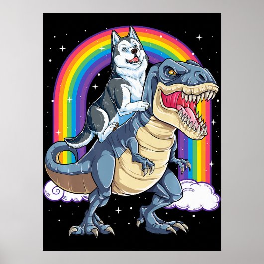 Siberië Husky Riding Dinosaur Rex geeft jongens Poster (Voorkant)