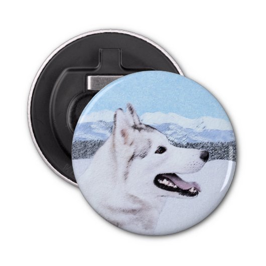 Siberië Husky (zilver en wit) schilderende hond ku Button Flesopener (Voorkant)