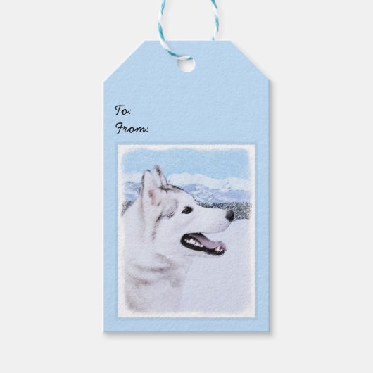 Siberië Husky (zilver en wit) schilderende hond ku Cadeaulabel (Voorkant)
