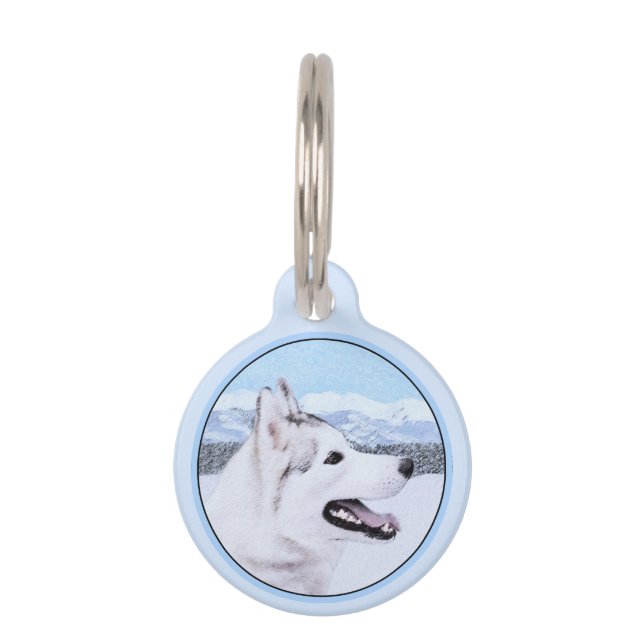 Siberië Husky (zilver en wit) schilderende hond ku Huisdierpenning (Voorkant)