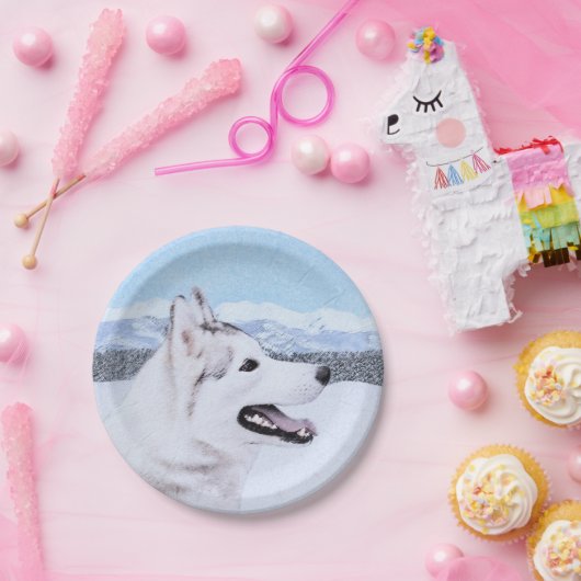 Siberië Husky (zilver en wit) schilderende hond ku Papieren Bordje (Feest)