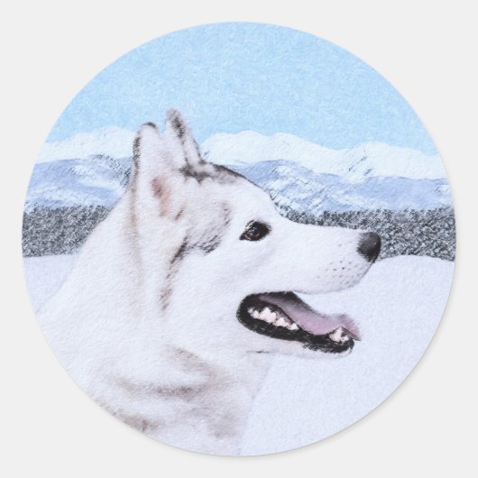 Siberië Husky (zilver en wit) schilderende hond ku Ronde Sticker (Voorkant)