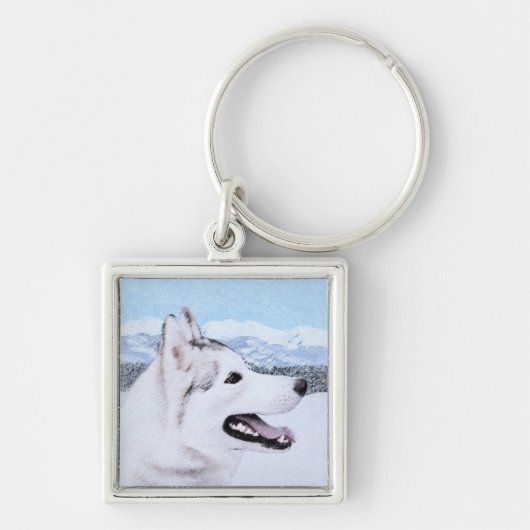 Siberië Husky (zilver en wit) schilderende hond ku Sleutelhanger (Voorkant)
