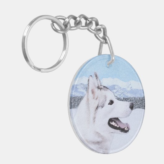 Siberië Husky (zilver en wit) schilderende hond ku Sleutelhanger (Voorkant Links)