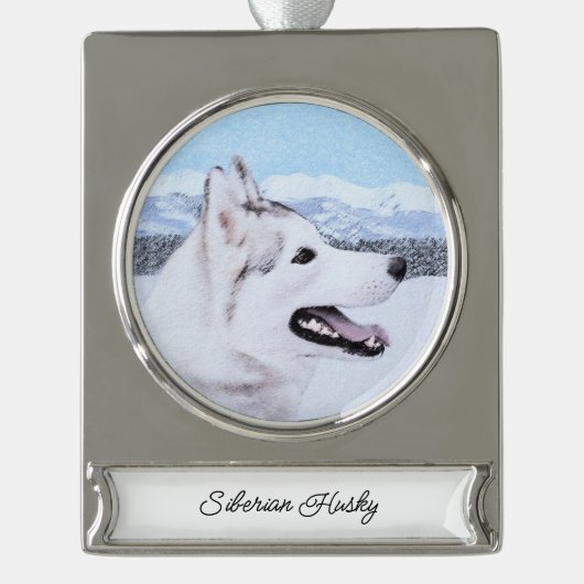 Siberië Husky (zilver en wit) schilderende hond ku Verzilverd Banner Ornament (Voorkant)