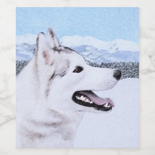 Siberië Husky (zilver en wit) schilderende hond ku Wijn Etiket (Enkel label)