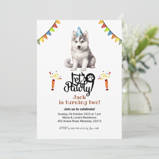 Siberisch Husky Dog Pet Let's Pawty Birthday Kaart (Staand voorkant)
