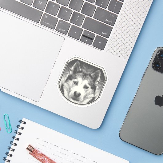 SIBERISCH HUSKY GEZICHT STICKER (Laptop met iPhone)