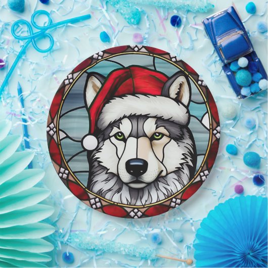 Siberisch Husky Glas in lood Kerst Papieren Bordje (Feest)