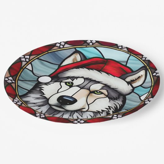 Siberisch Husky Glas in lood Kerst Papieren Bordje (Gekanteld)