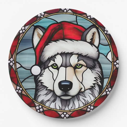 Siberisch Husky Glas in lood Kerst Papieren Bordje (Voorkant)