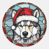 Siberisch Husky Glas in lood Kerst Ronde Sticker (Voorkant)