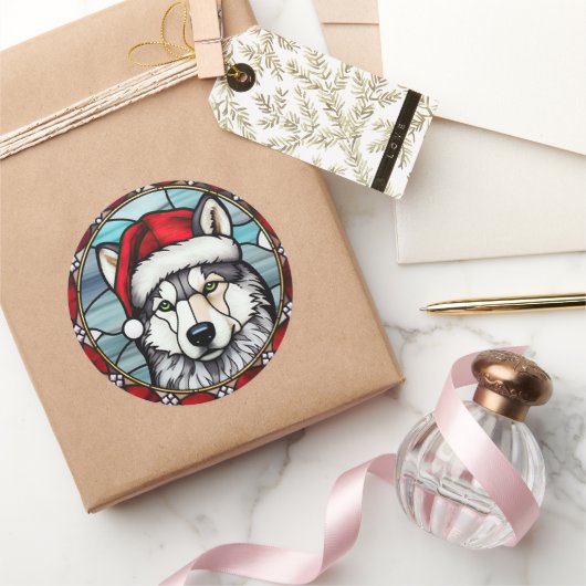 Siberisch Husky Glas in lood Kerst Ronde Sticker (Geschenken)