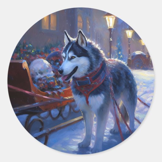 Siberisch Husky Kerstfeest Seizoen Ronde Sticker (Voorkant)