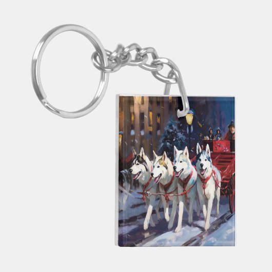 Siberisch Husky Kerstfeest Seizoen Sleutelhanger (Voorkant Links)