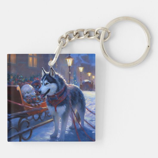 Siberisch Husky Kerstfeest Seizoen Sleutelhanger (Achterkant)