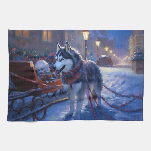 Siberisch Husky Kerstfeest Seizoen Theedoek (Horizontaal)