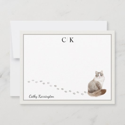 Siberisch Kat Gray Border Monogram Naam Notitiekaartje (Voorkant)