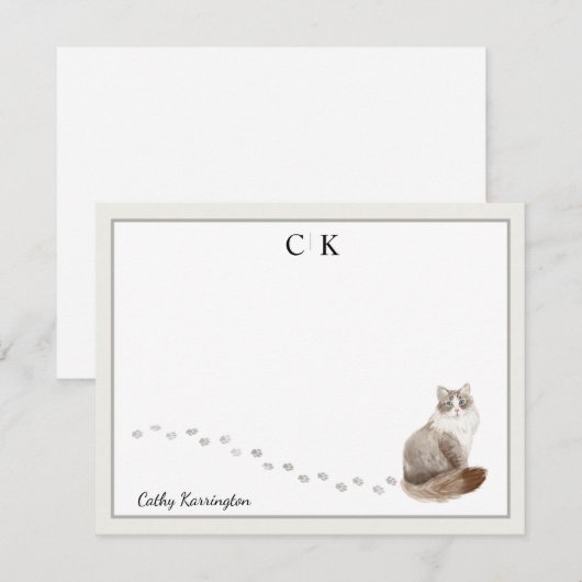 Siberisch Kat Gray Border Monogram Naam Notitiekaartje (Voorkant / Achterkant)