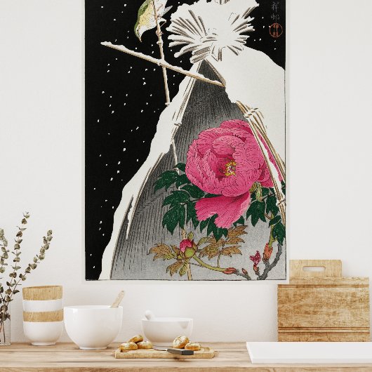 Siberische Bluechat naast een pioen door Ohara Kos Poster (Keuken)