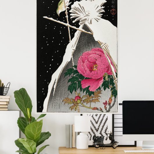 Siberische Bluechat naast een pioen door Ohara Kos Poster (Thuiskantoor)