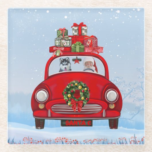 Siberische handige hond in auto met kerstman glazen onderzetter (Voorkant)