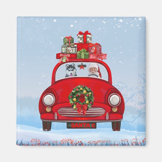 Siberische handige hond in auto met kerstman magneet (Voorkant)