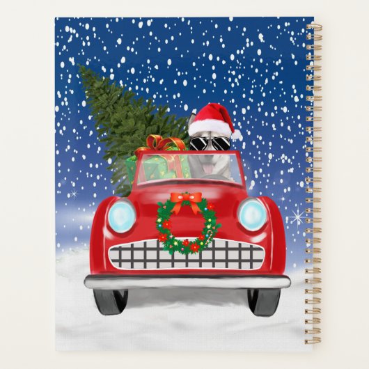 Siberische handige hond rijdt met sneeuwkerst planner (Achterkant)