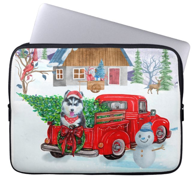 Siberische hondje met kerstcadeau laptop sleeve (Voorkant)