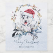 Siberische Husky Blauw Gouden Krans Kerstfeest Wijn Etiket (Enkel label)