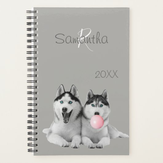 Siberische Husky Bubble Gum Dog Animal Monogram Planner (Voorkant)