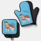 Siberische husky cartoon illustratie ovenwant & pannenlap set (Voorkant / Achterkant)