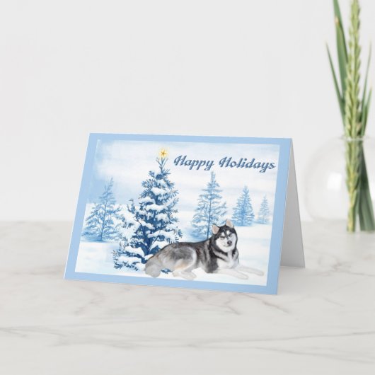 Siberische Husky Christmas Kaart Blue Tree (Voorkant)