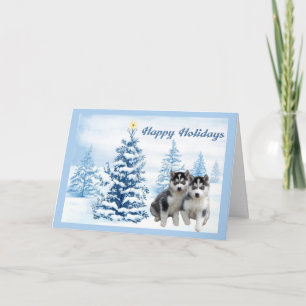 Siberische Husky Christmas Kaart Blue Tree