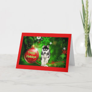 Siberische Husky Christmas Kaart Red Ball Green